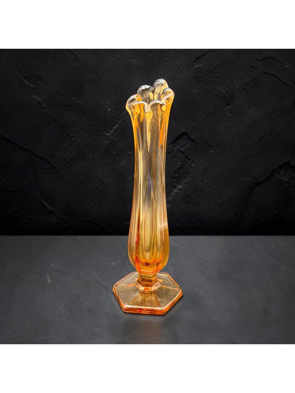 Vintage LE Smith Amber Glass Ruffled Bud Vase 8" Hexagon Base